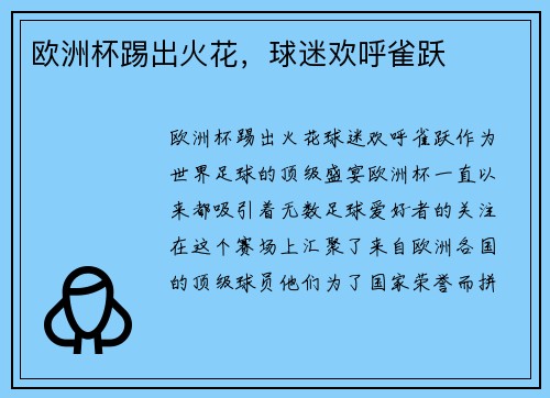 欧洲杯踢出火花，球迷欢呼雀跃
