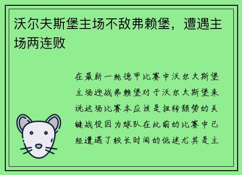 沃尔夫斯堡主场不敌弗赖堡，遭遇主场两连败