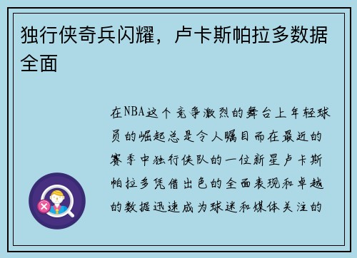 独行侠奇兵闪耀，卢卡斯帕拉多数据全面