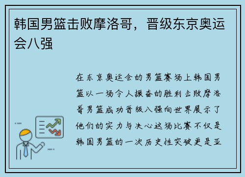 韩国男篮击败摩洛哥，晋级东京奥运会八强