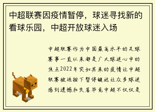 中超联赛因疫情暂停，球迷寻找新的看球乐园，中超开放球迷入场