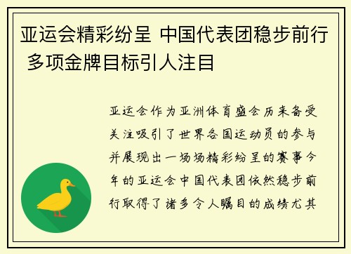 亚运会精彩纷呈 中国代表团稳步前行 多项金牌目标引人注目
