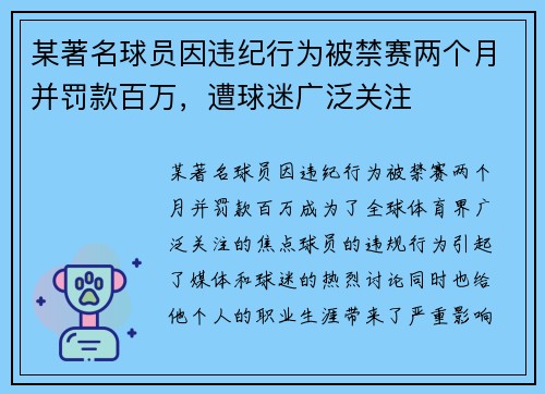 某著名球员因违纪行为被禁赛两个月并罚款百万，遭球迷广泛关注
