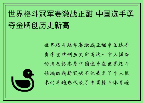 世界格斗冠军赛激战正酣 中国选手勇夺金牌创历史新高
