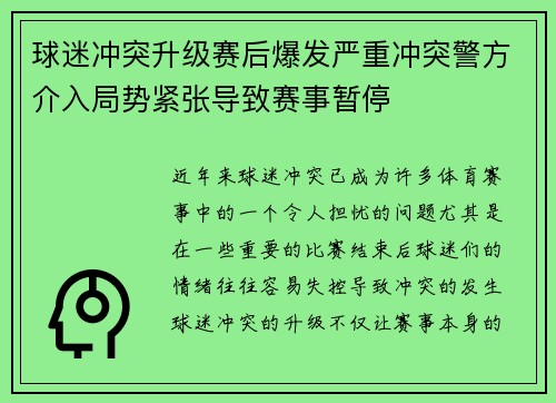 球迷冲突升级赛后爆发严重冲突警方介入局势紧张导致赛事暂停