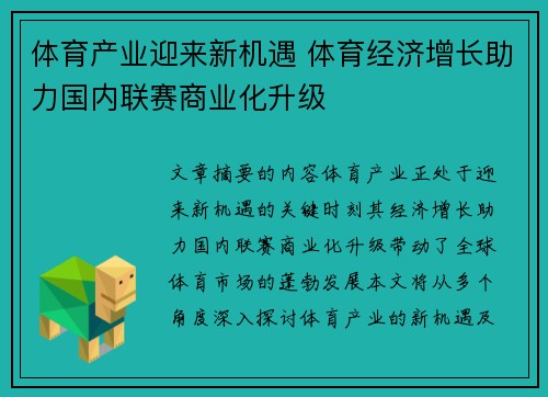 体育产业迎来新机遇 体育经济增长助力国内联赛商业化升级
