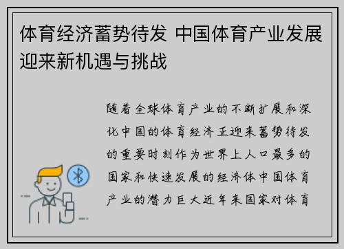 体育经济蓄势待发 中国体育产业发展迎来新机遇与挑战